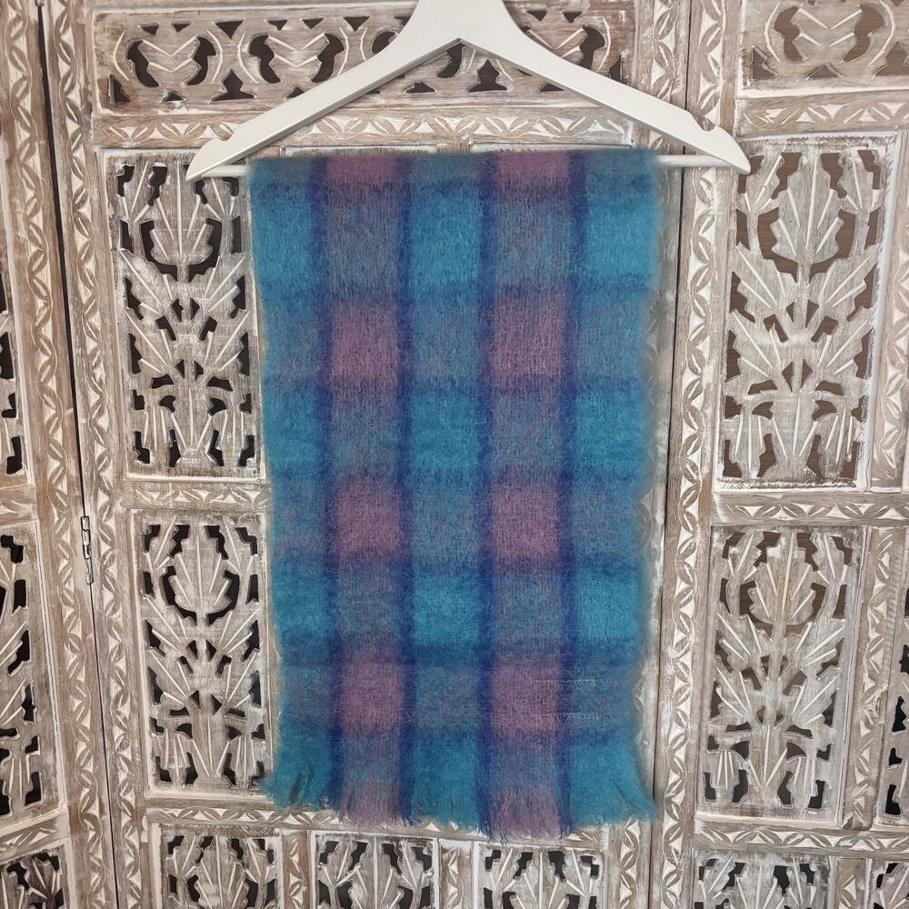 Vtg Glen Cree 100% Mohair Shawl Scarf 45x12 Blue Purple Plaid Made In Scotland